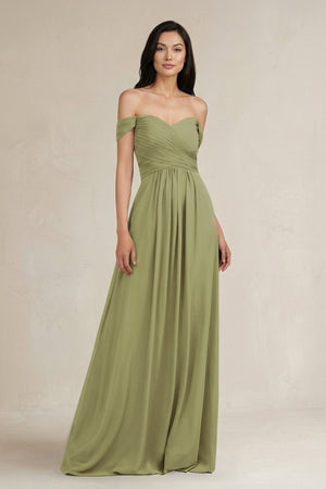 A - Line Pleated Off - the - Shoulder Chiffon Bridesmaid Dress in Moss Green - KissProm Bridesmaid Dresses