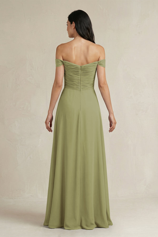 A - Line Pleated Off - the - Shoulder Chiffon Bridesmaid Dress in Moss Green - KissProm Bridesmaid Dresses