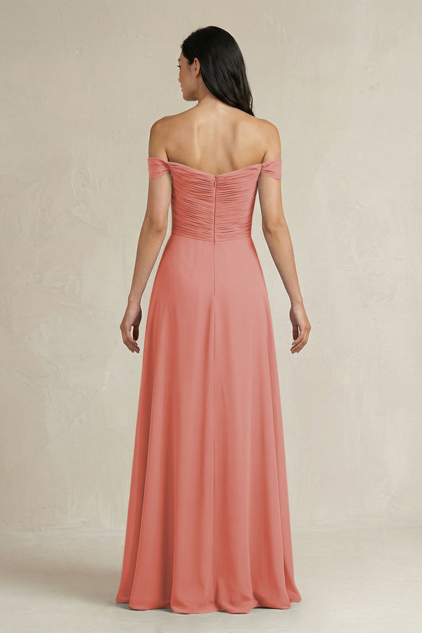 A - Line Pleated Off - the - Shoulder Chiffon Bridesmaid Dress in Mulberry - KissProm Bridesmaid Dresses