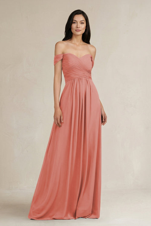 A - Line Pleated Off - the - Shoulder Chiffon Bridesmaid Dress in Mulberry - KissProm Bridesmaid Dresses