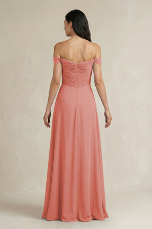 A - Line Pleated Off - the - Shoulder Chiffon Bridesmaid Dress in Mulberry - KissProm Bridesmaid Dresses