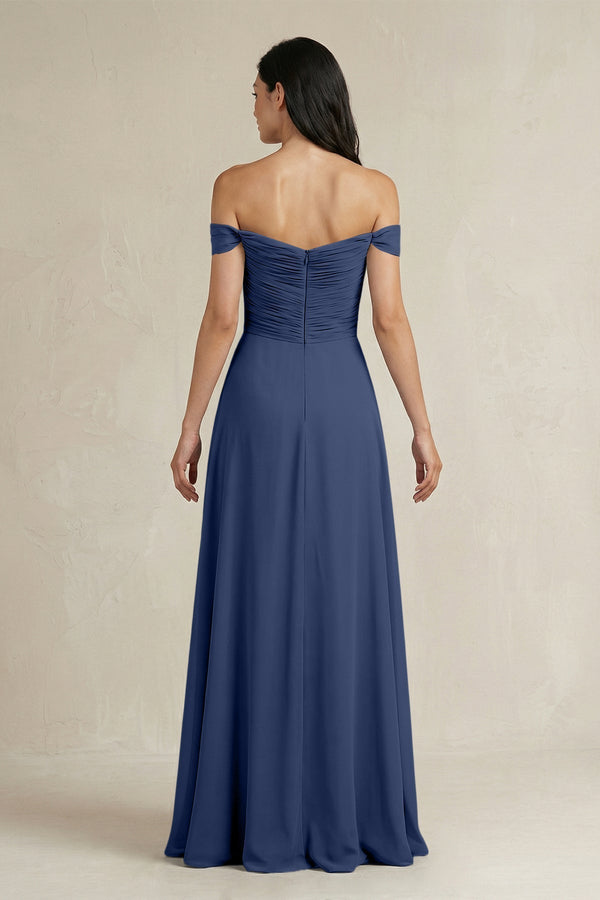 A - Line Pleated Off - the - Shoulder Chiffon Bridesmaid Dress in Navy - KissProm Bridesmaid Dresses