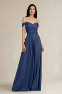 A - Line Pleated Off - the - Shoulder Chiffon Bridesmaid Dress in Navy - KissProm Bridesmaid Dresses