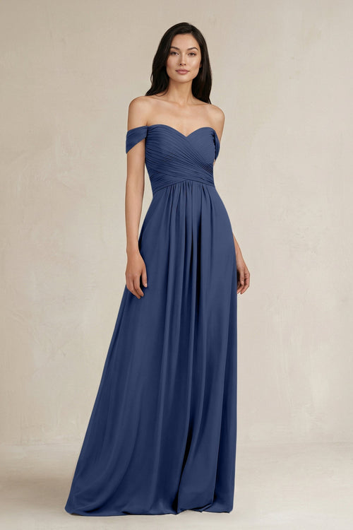 A - Line Pleated Off - the - Shoulder Chiffon Bridesmaid Dress in Navy - KissProm Bridesmaid Dresses