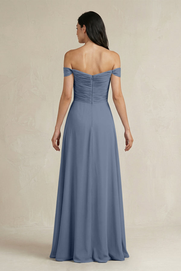 A - Line Pleated Off - the - Shoulder Chiffon Bridesmaid Dress in Neptune - KissProm Bridesmaid Dresses