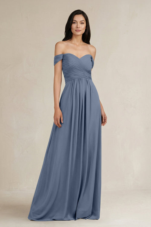 A - Line Pleated Off - the - Shoulder Chiffon Bridesmaid Dress in Neptune - KissProm Bridesmaid Dresses
