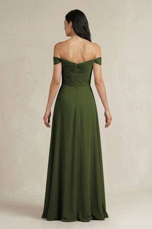 A - Line Pleated Off - the - Shoulder Chiffon Bridesmaid Dress in Olive - KissProm Bridesmaid Dresses