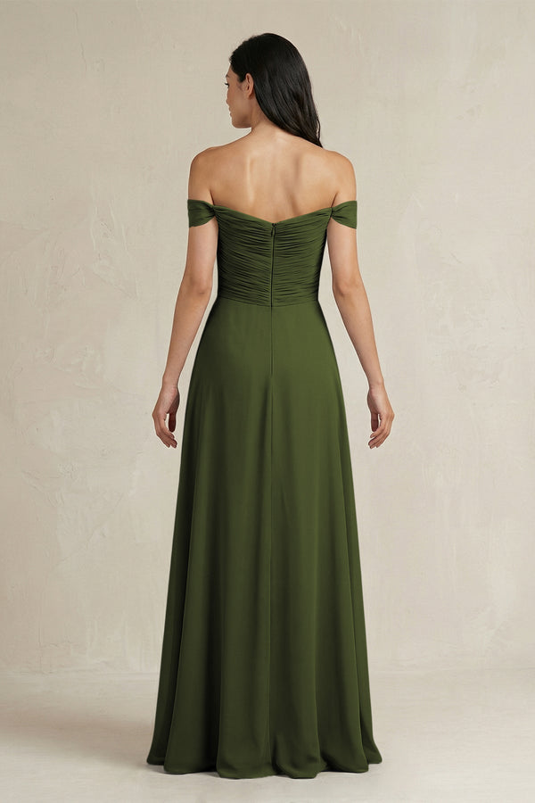 A - Line Pleated Off - the - Shoulder Chiffon Bridesmaid Dress in Olive - KissProm Bridesmaid Dresses