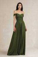 A - Line Pleated Off - the - Shoulder Chiffon Bridesmaid Dress in Olive - KissProm Bridesmaid Dresses