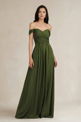 A - Line Pleated Off - the - Shoulder Chiffon Bridesmaid Dress in Olive - KissProm Bridesmaid Dresses