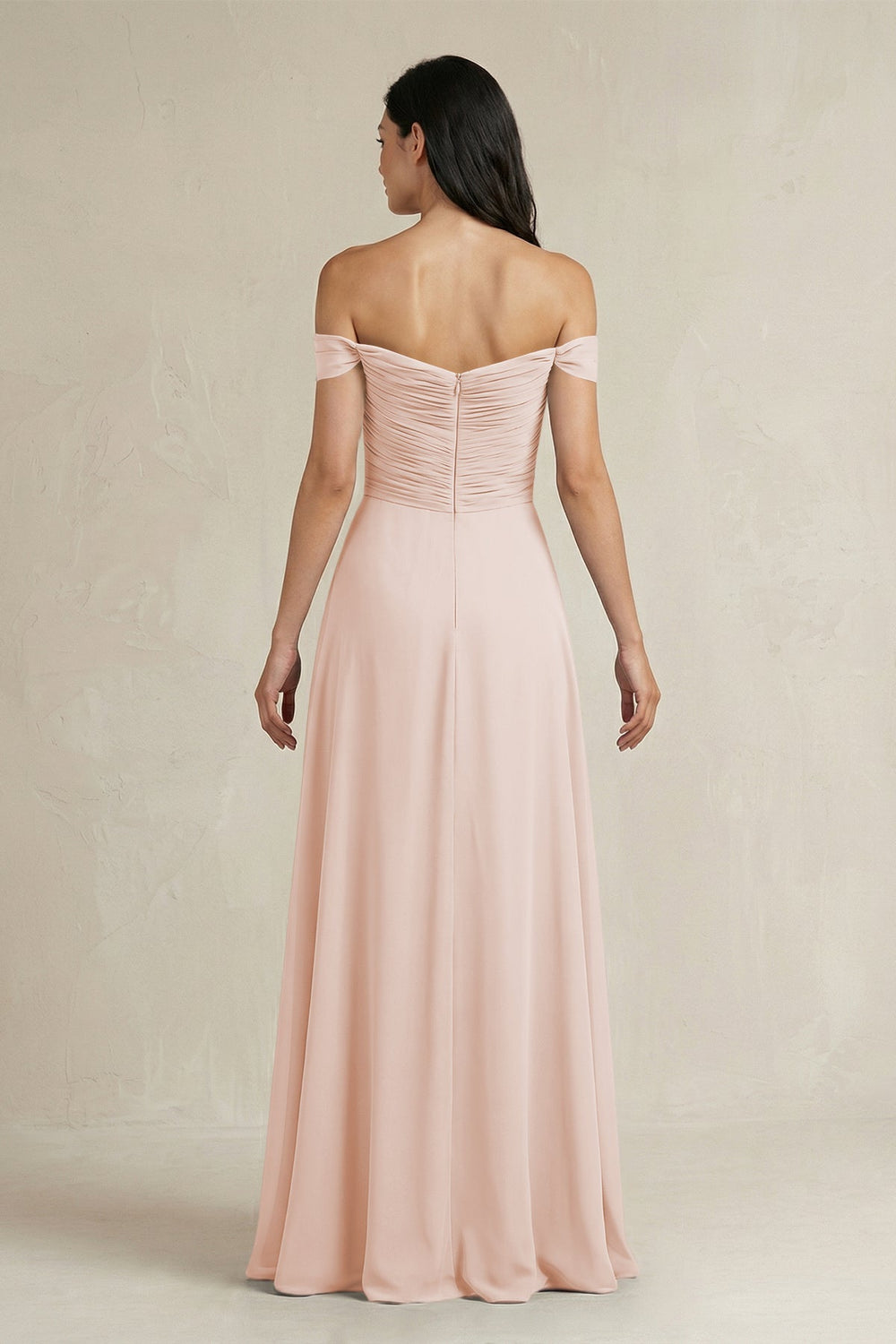 A - Line Pleated Off - the - Shoulder Chiffon Bridesmaid Dress in Pale Blush - KissProm Bridesmaid Dresses