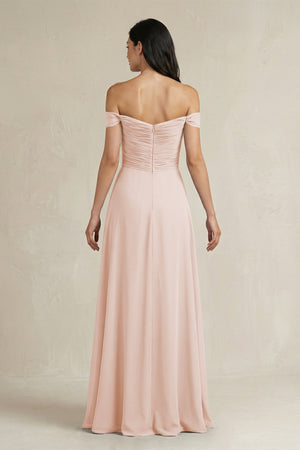 A - Line Pleated Off - the - Shoulder Chiffon Bridesmaid Dress in Pale Blush - KissProm Bridesmaid Dresses