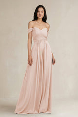 A - Line Pleated Off - the - Shoulder Chiffon Bridesmaid Dress in Pale Blush - KissProm Bridesmaid Dresses