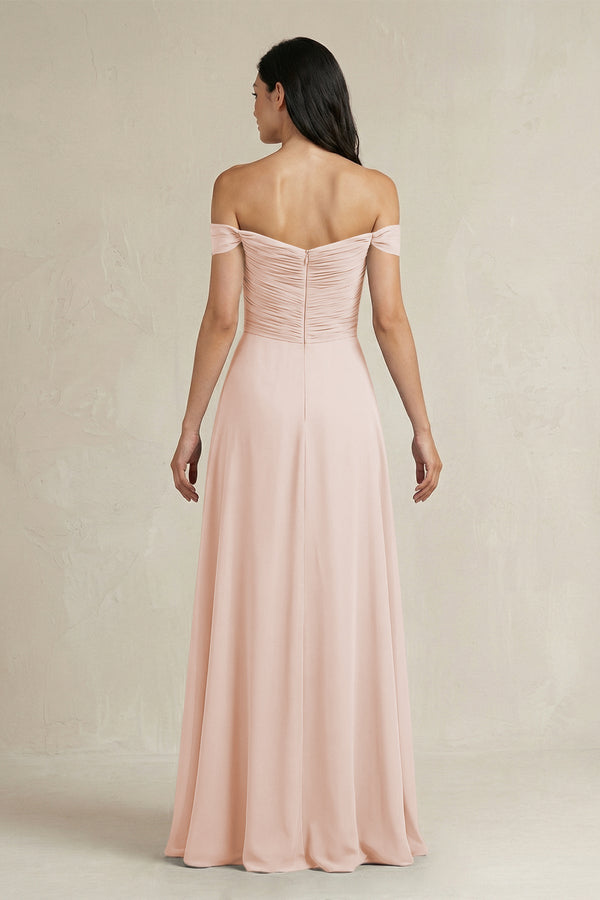 A - Line Pleated Off - the - Shoulder Chiffon Bridesmaid Dress in Pale Blush - KissProm Bridesmaid Dresses