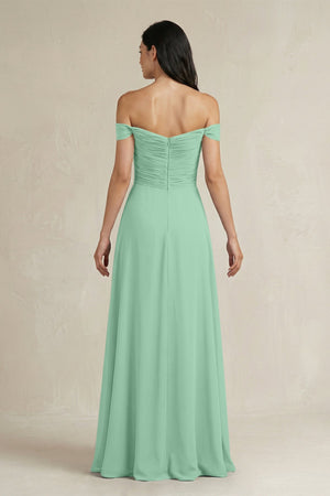A - Line Pleated Off - the - Shoulder Chiffon Bridesmaid Dress in Pale Pistachio - KissProm Bridesmaid Dresses