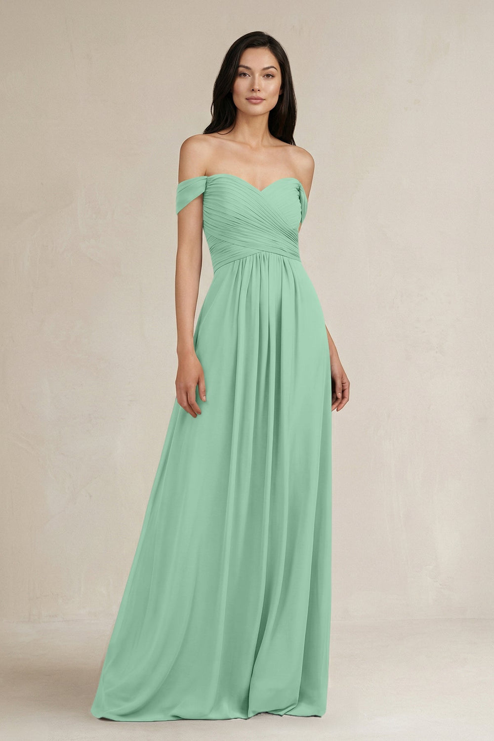 A - Line Pleated Off - the - Shoulder Chiffon Bridesmaid Dress in Pale Pistachio - KissProm Bridesmaid Dresses