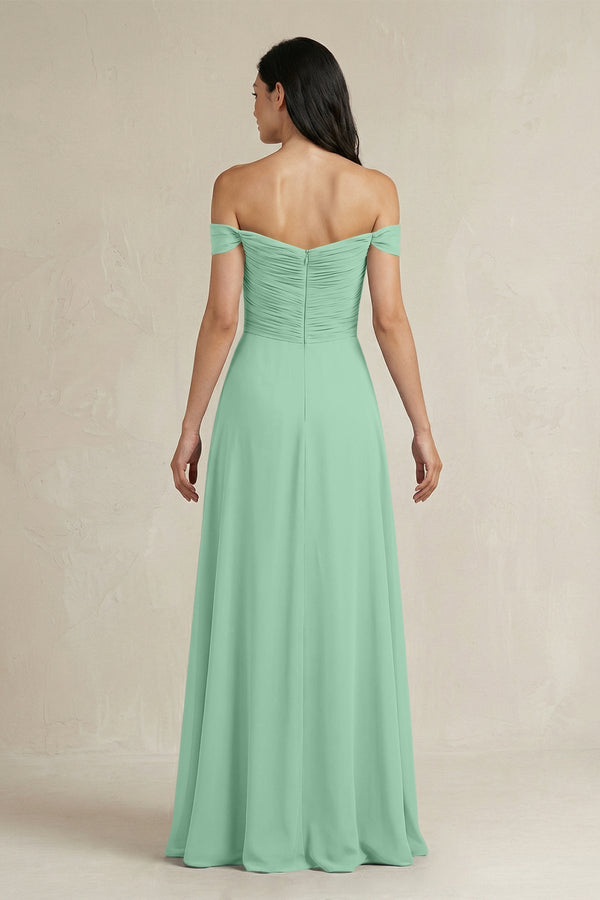 A - Line Pleated Off - the - Shoulder Chiffon Bridesmaid Dress in Pale Pistachio - KissProm Bridesmaid Dresses