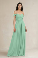 A - Line Pleated Off - the - Shoulder Chiffon Bridesmaid Dress in Pale Pistachio - KissProm Bridesmaid Dresses
