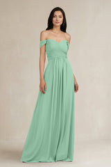 A - Line Pleated Off - the - Shoulder Chiffon Bridesmaid Dress in Pale Pistachio - KissProm Bridesmaid Dresses