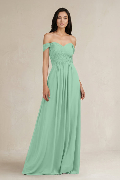 A - Line Pleated Off - the - Shoulder Chiffon Bridesmaid Dress in Pale Pistachio - KissProm Bridesmaid Dresses