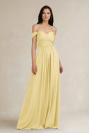 A - Line Pleated Off - the - Shoulder Chiffon Bridesmaid Dress in Pastel Yellow - KissProm Bridesmaid Dresses