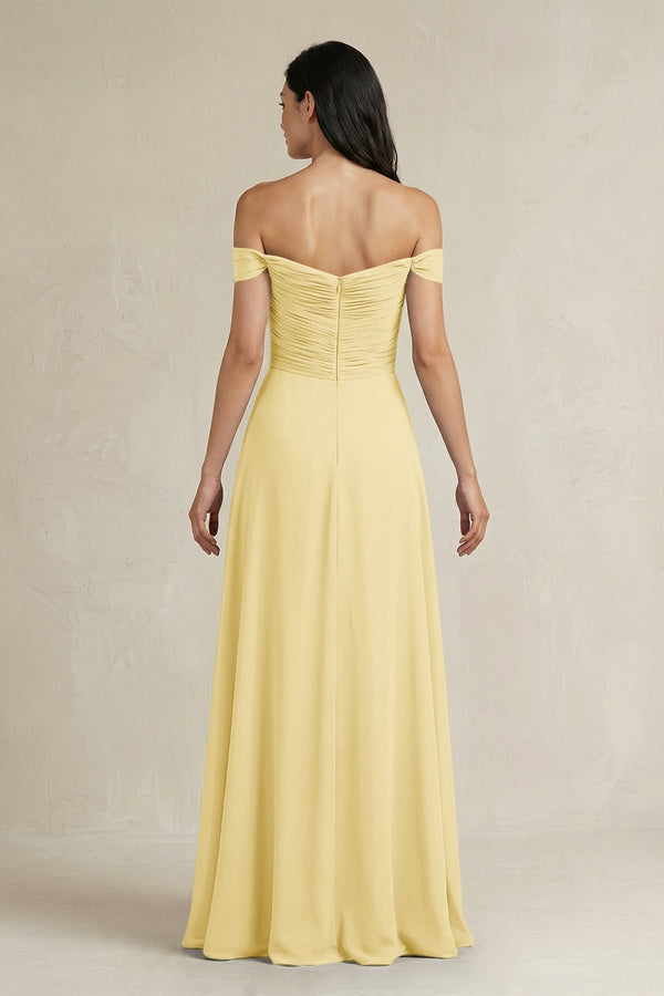A - Line Pleated Off - the - Shoulder Chiffon Bridesmaid Dress in Pastel Yellow - KissProm Bridesmaid Dresses