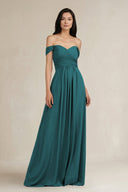 A - Line Pleated Off - the - Shoulder Chiffon Bridesmaid Dress in Pine - KissProm Bridesmaid Dresses