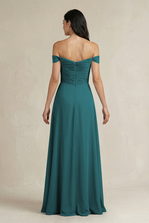 A - Line Pleated Off - the - Shoulder Chiffon Bridesmaid Dress in Pine - KissProm Bridesmaid Dresses