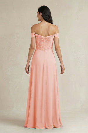 A - Line Pleated Off - the - Shoulder Chiffon Bridesmaid Dress in Rose Petal - KissProm Bridesmaid Dresses