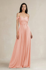 A - Line Pleated Off - the - Shoulder Chiffon Bridesmaid Dress in Rose Petal - KissProm Bridesmaid Dresses