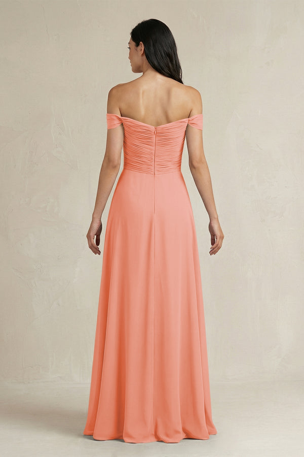 A - Line Pleated Off - the - Shoulder Chiffon Bridesmaid Dress in Rosette - KissProm Bridesmaid Dresses