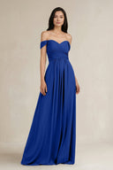 A - Line Pleated Off - the - Shoulder Chiffon Bridesmaid Dress in Royal Blue - KissProm Bridesmaid Dresses