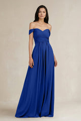 A - Line Pleated Off - the - Shoulder Chiffon Bridesmaid Dress in Royal Blue - KissProm Bridesmaid Dresses