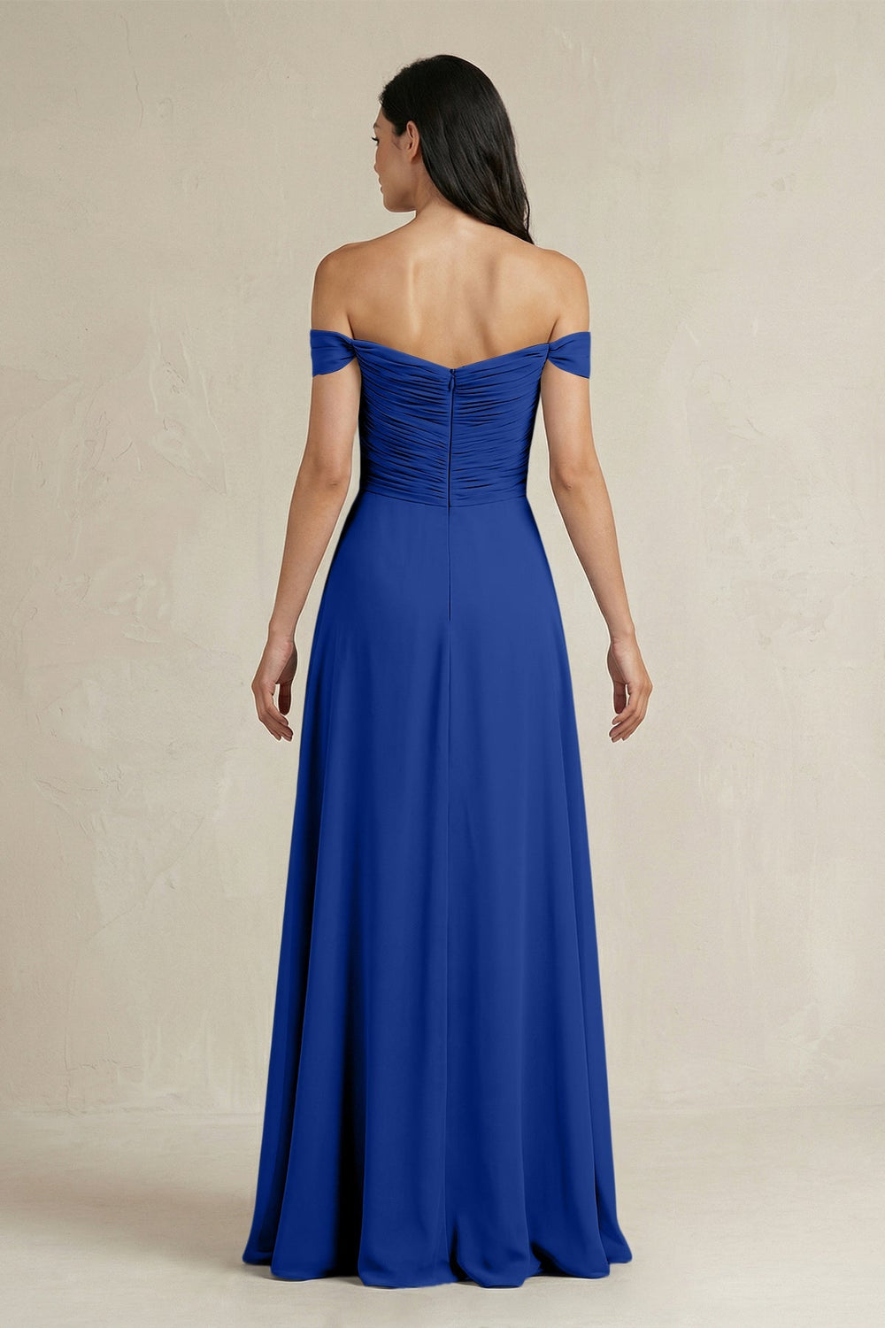A - Line Pleated Off - the - Shoulder Chiffon Bridesmaid Dress in Royal Blue - KissProm Bridesmaid Dresses