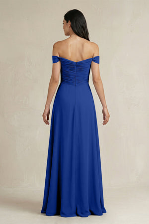A - Line Pleated Off - the - Shoulder Chiffon Bridesmaid Dress in Royal Blue - KissProm Bridesmaid Dresses
