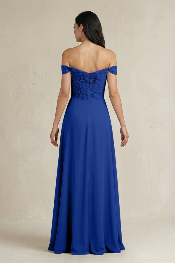 A - Line Pleated Off - the - Shoulder Chiffon Bridesmaid Dress in Royal Blue - KissProm Bridesmaid Dresses