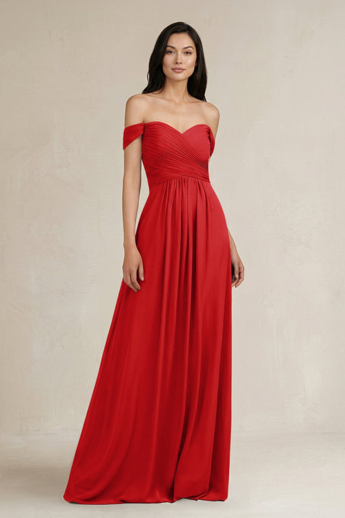 A - Line Pleated Off - the - Shoulder Chiffon Bridesmaid Dress in Ruby Red - KissProm Bridesmaid Dresses