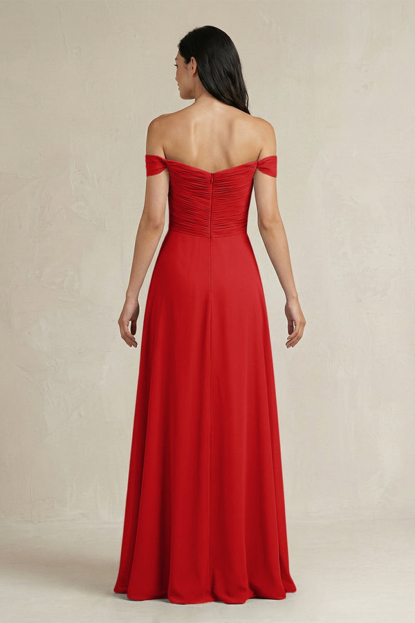 A - Line Pleated Off - the - Shoulder Chiffon Bridesmaid Dress in Ruby Red - KissProm Bridesmaid Dresses
