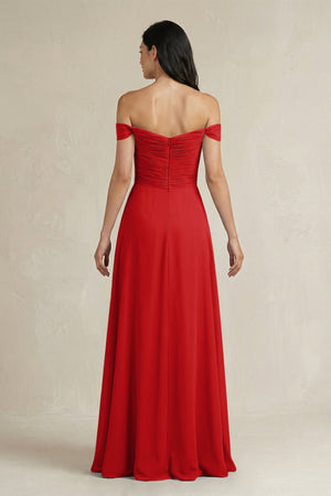 A - Line Pleated Off - the - Shoulder Chiffon Bridesmaid Dress in Ruby Red - KissProm Bridesmaid Dresses