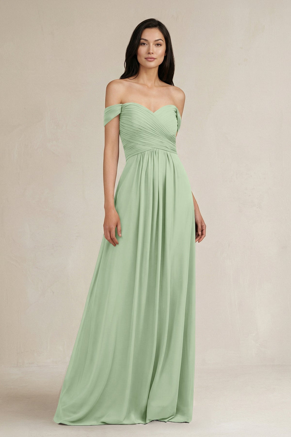 A - Line Pleated Off - the - Shoulder Chiffon Bridesmaid Dress in Sage - KissProm Bridesmaid Dresses