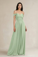 A - Line Pleated Off - the - Shoulder Chiffon Bridesmaid Dress in Sage - KissProm Bridesmaid Dresses