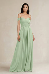 A - Line Pleated Off - the - Shoulder Chiffon Bridesmaid Dress in Sage - KissProm Bridesmaid Dresses