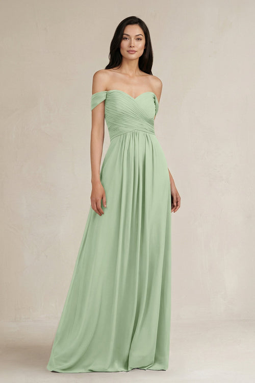 A - Line Pleated Off - the - Shoulder Chiffon Bridesmaid Dress in Sage - KissProm Bridesmaid Dresses