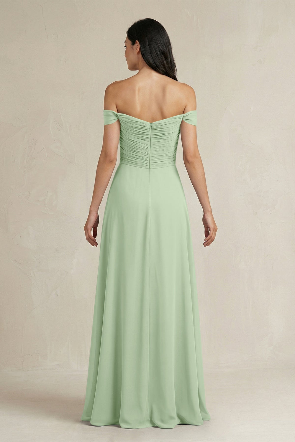 A - Line Pleated Off - the - Shoulder Chiffon Bridesmaid Dress in Sage - KissProm Bridesmaid Dresses