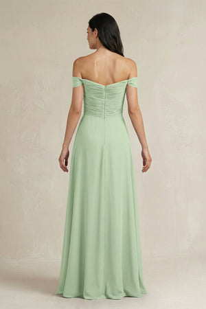 A - Line Pleated Off - the - Shoulder Chiffon Bridesmaid Dress in Sage - KissProm Bridesmaid Dresses