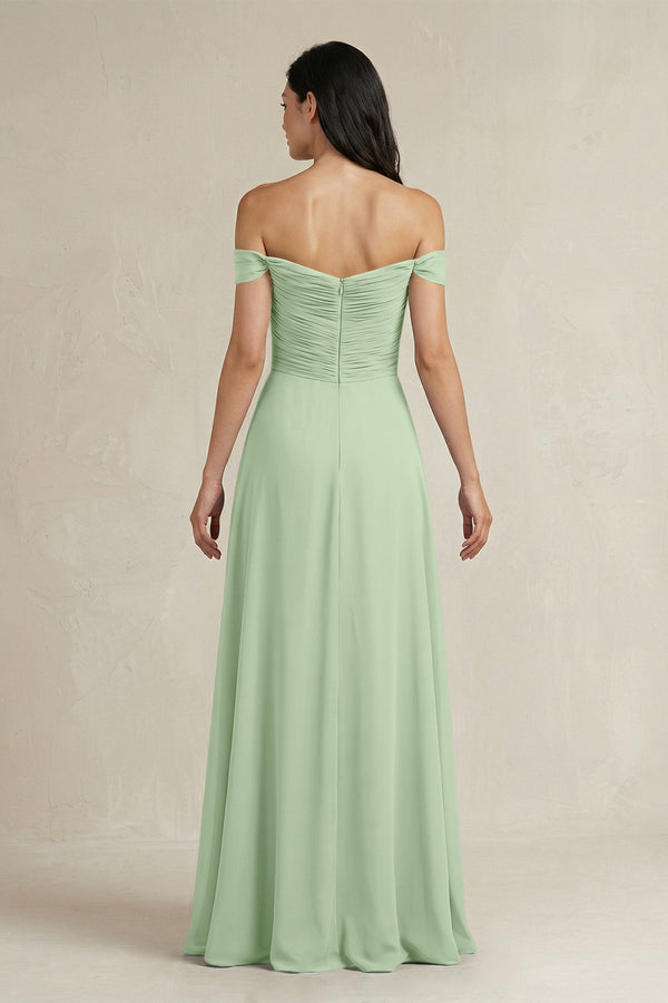 A - Line Pleated Off - the - Shoulder Chiffon Bridesmaid Dress in Sage - KissProm Bridesmaid Dresses