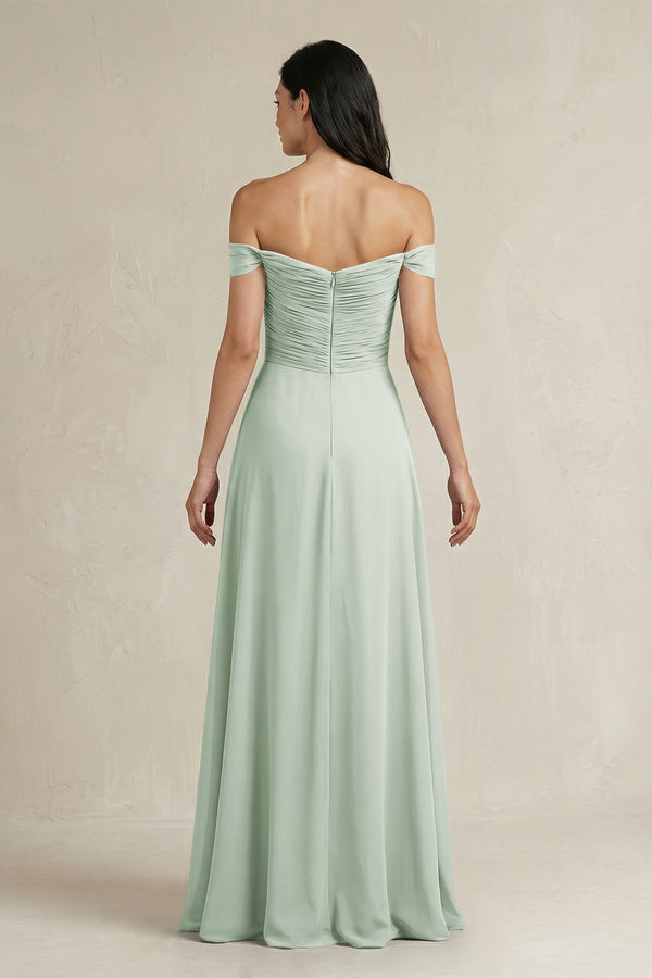 A - Line Pleated Off - the - Shoulder Chiffon Bridesmaid Dress in Sage - KissProm Bridesmaid Dresses