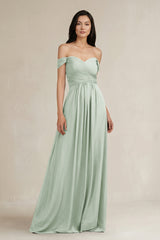 A - Line Pleated Off - the - Shoulder Chiffon Bridesmaid Dress in Sage - KissProm Bridesmaid Dresses