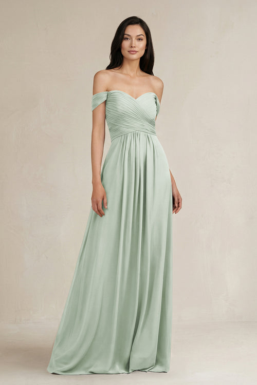 A - Line Pleated Off - the - Shoulder Chiffon Bridesmaid Dress in Sage - KissProm Bridesmaid Dresses