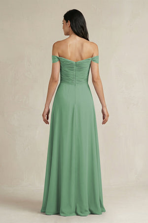 A - Line Pleated Off - the - Shoulder Chiffon Bridesmaid Dress in Sea Glass - KissProm Bridesmaid Dresses